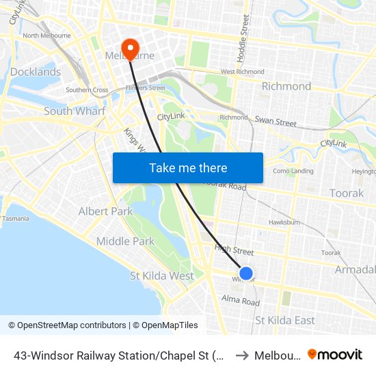 43-Windsor Railway Station/Chapel St (Windsor) to Melbourne map