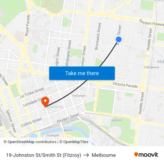 Johnston St/Smith St #19 to Melbourne map