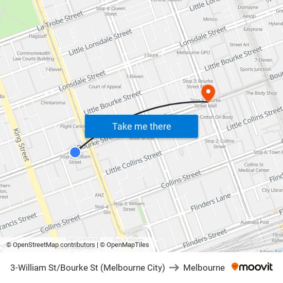 3-William St/Bourke St (Melbourne City) to Melbourne map