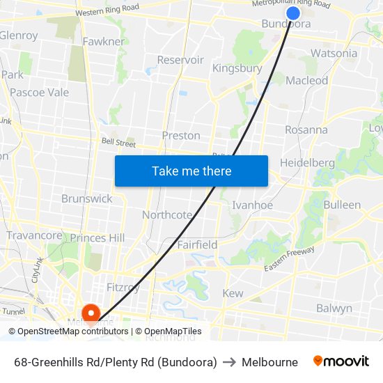 68-Greenhills Rd/Plenty Rd (Bundoora) to Melbourne map