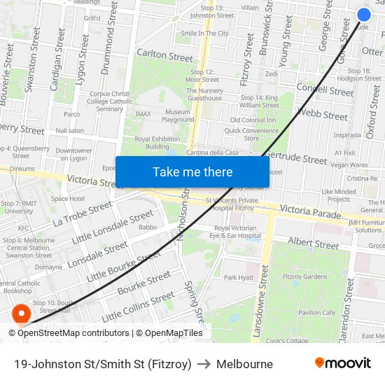 19-Johnston St/Smith St (Fitzroy) to Melbourne map