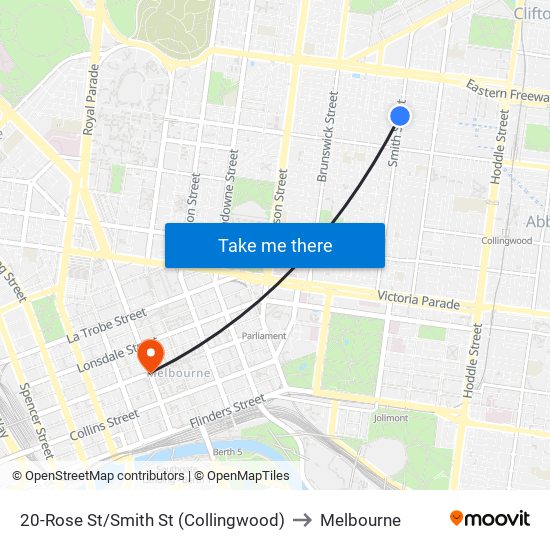 20-Rose St/Smith St (Collingwood) to Melbourne map