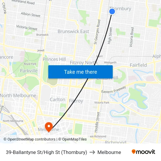 Ballantyne St/High St #39 to Melbourne map