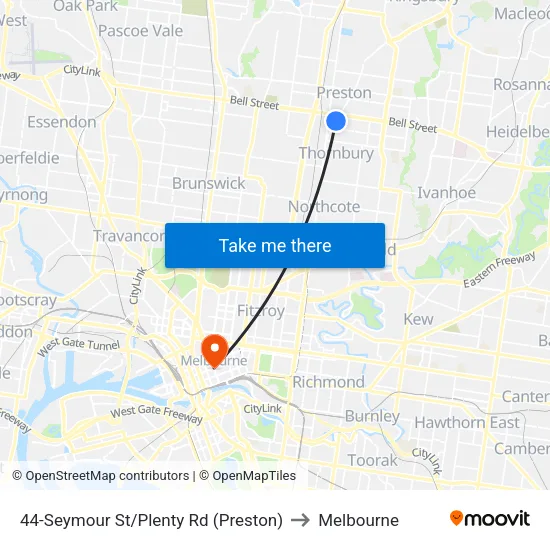 Seymour St/Plenty Rd #44 to Melbourne map