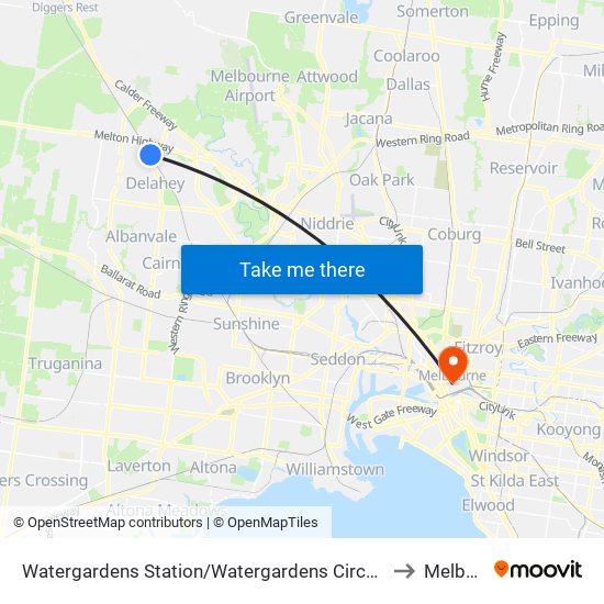 Watergardens Station/Watergardens Circuit Rd (Taylors Lakes) to Melbourne map