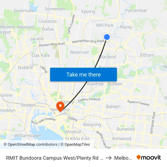 RMIT Bundoora Campus West/Plenty Rd to Melbourne map