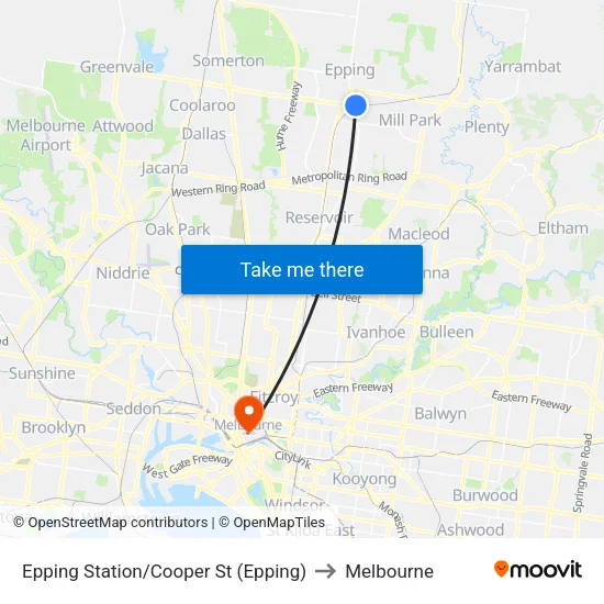 Epping Station/Cooper St to Melbourne map
