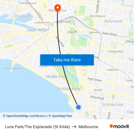 Luna Park/The Esplanade to Melbourne map