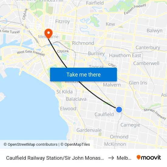 Caulfield Railway Station/Sir John Monash Dr to Melbourne map