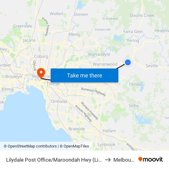 Lilydale Post Office/Maroondah Hwy (Lilydale) to Melbourne map