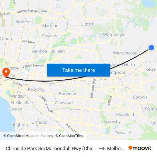 Chirnside Park Sc/Maroondah Hwy (Chirnside Park) to Melbourne map