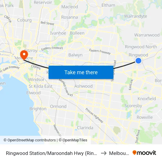 Ringwood Station/Maroondah Hwy to Melbourne map