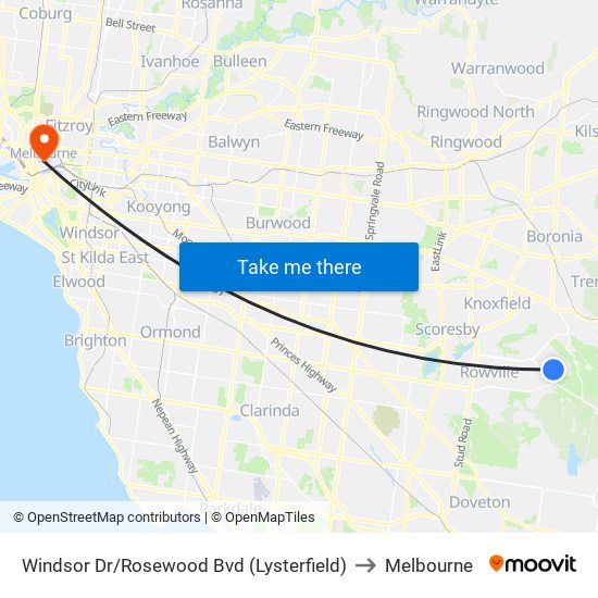 Windsor Dr/Rosewood Bvd (Lysterfield) to Melbourne map