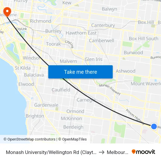 Monash University/Wellington Rd to Melbourne map