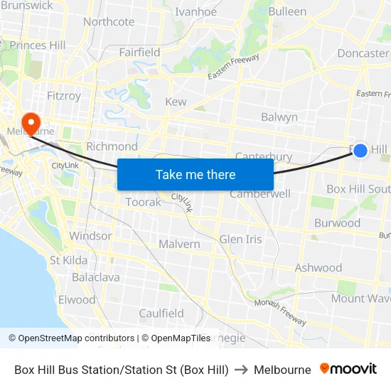 Box Hill Bus Station/Station St to Melbourne map
