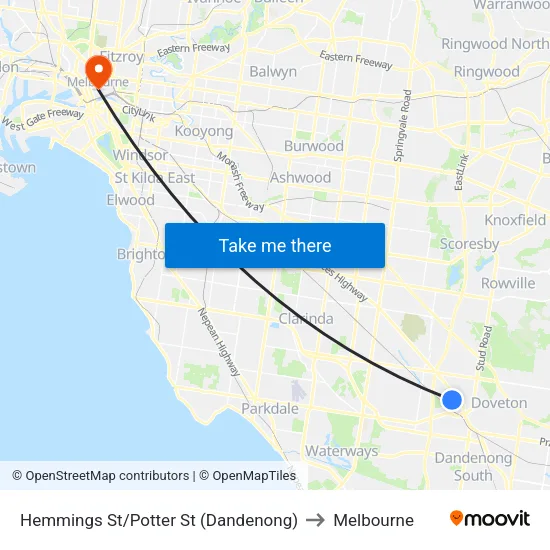 Hemmings St/Potter St to Melbourne map