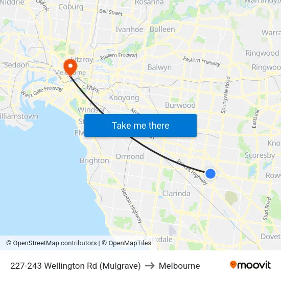 227-243 Wellington Rd to Melbourne map