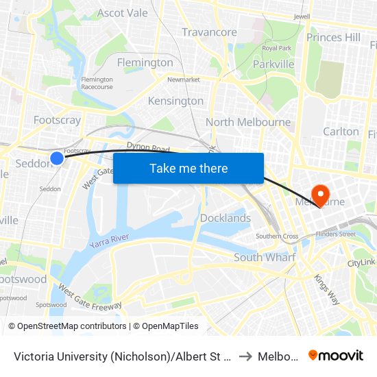 Victoria University (Nicholson)/Albert St (Footscray) to Melbourne map