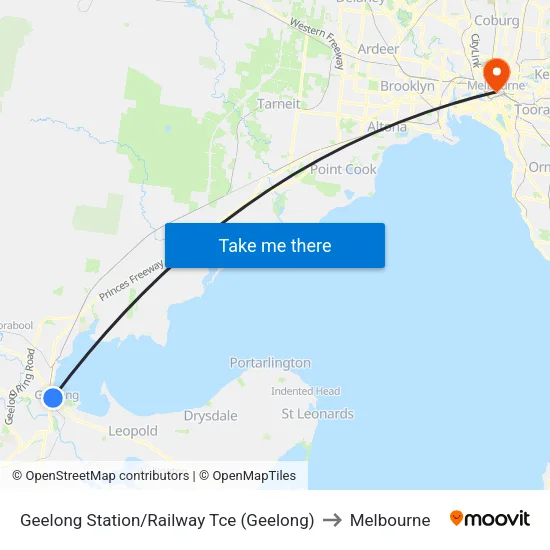 Geelong Station/Railway Tce to Melbourne map