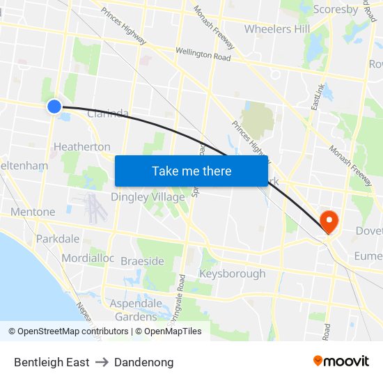 Bentleigh East to Dandenong map