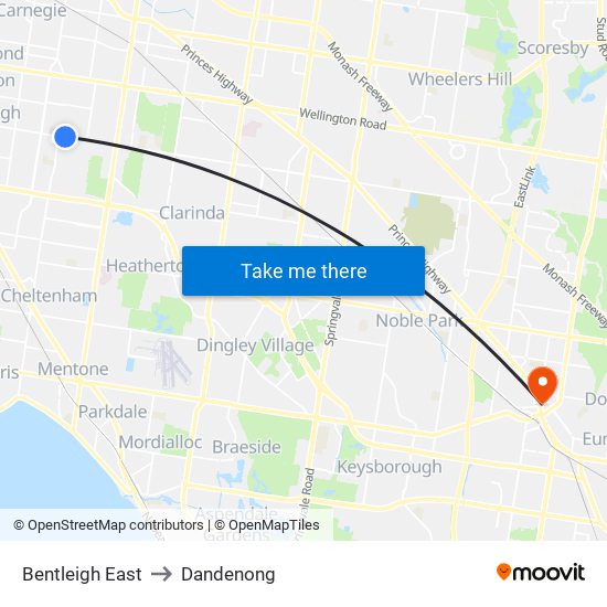 Bentleigh East to Dandenong map