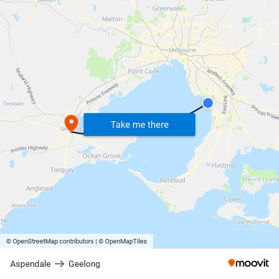 Aspendale to Geelong map
