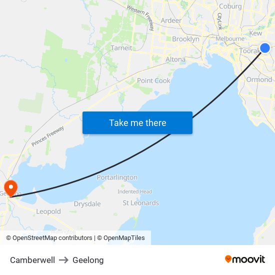 Camberwell to Geelong map