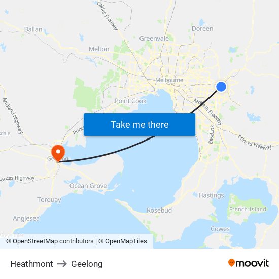 Heathmont to Geelong map