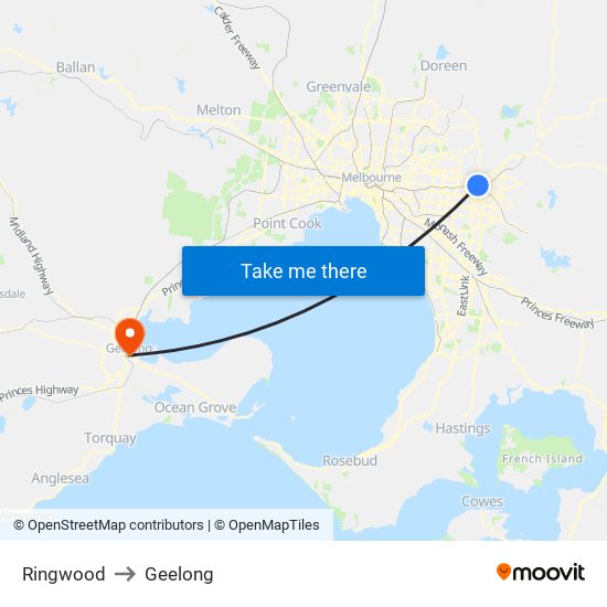 Ringwood to Geelong map