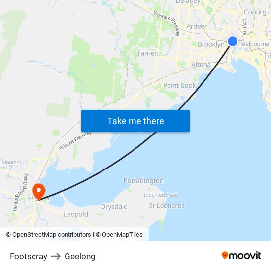 Footscray to Geelong map