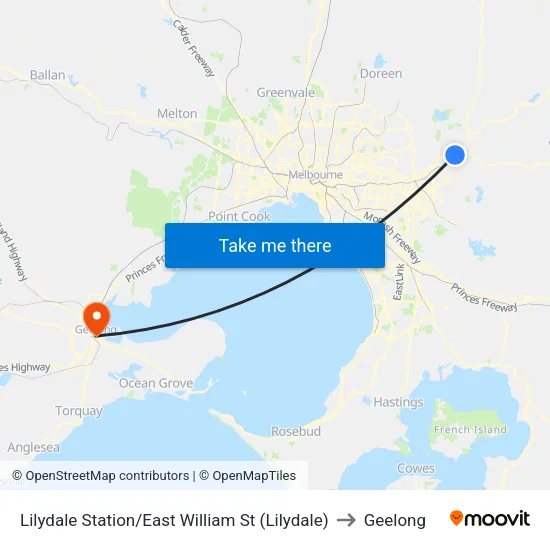 Lilydale Station/East William St to Geelong map