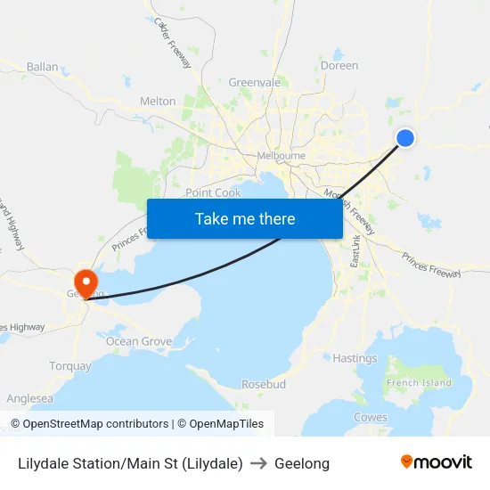 Lilydale Station/Main St to Geelong map