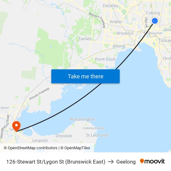 126-Stewart St/Lygon St (Brunswick East) to Geelong map