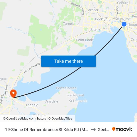 19-Shrine Of Remembrance/St Kilda Rd (Melbourne City) to Geelong map