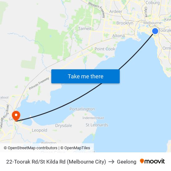 22-Toorak Rd/St Kilda Rd (Melbourne City) to Geelong map