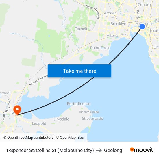 1-Spencer St/Collins St (Melbourne City) to Geelong map