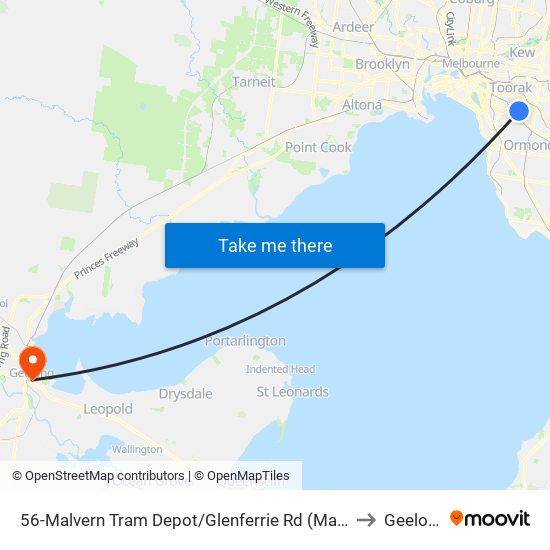 56-Malvern Tram Depot/Glenferrie Rd (Malvern) to Geelong map