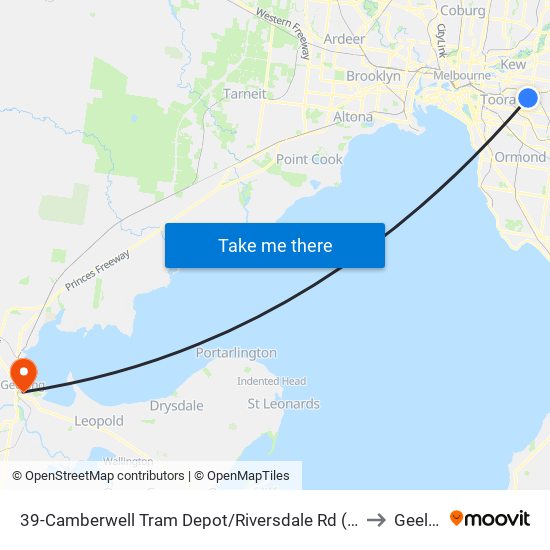 39-Camberwell Tram Depot/Riversdale Rd (Hawthorn East) to Geelong map