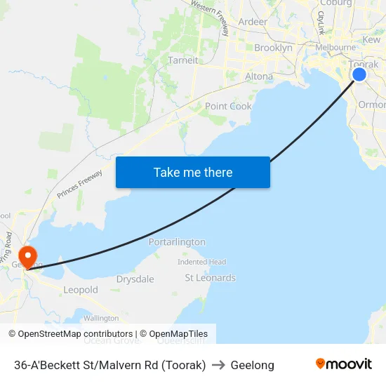 A'Beckett St/Malvern Rd #36 to Geelong map