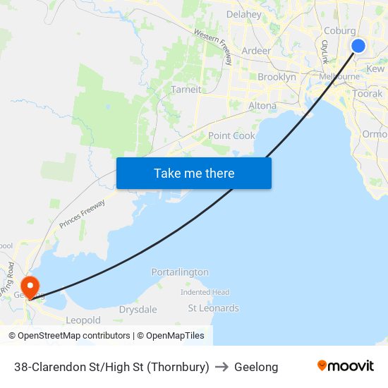 38-Clarendon St/High St (Thornbury) to Geelong map
