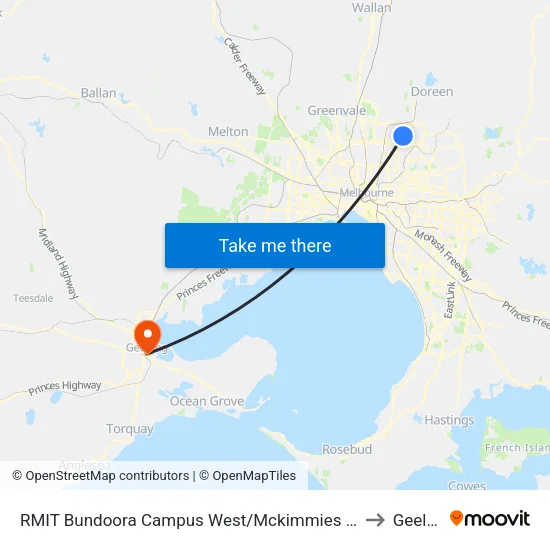 RMIT Bundoora Campus West/Mckimmies Rd to Geelong map