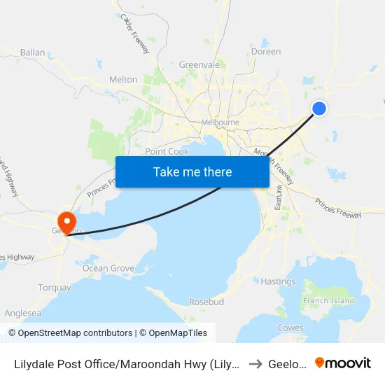 Lilydale Post Office/Maroondah Hwy to Geelong map