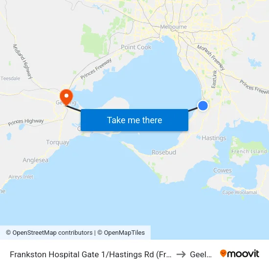 Frankston Hospital Gate 1/Hastings Rd to Geelong map