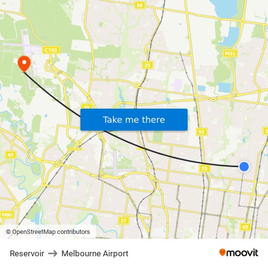 Reservoir to Melbourne Airport map