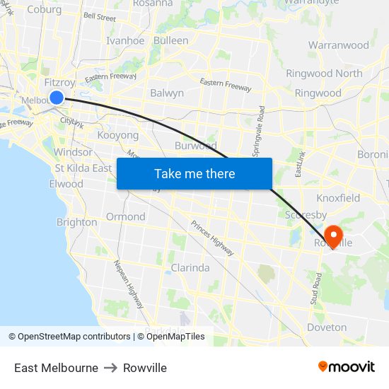 East Melbourne to Rowville map