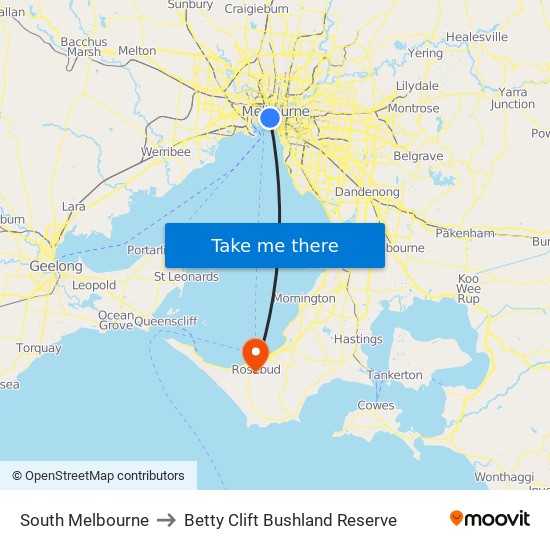 South Melbourne to Betty Clift Bushland Reserve map