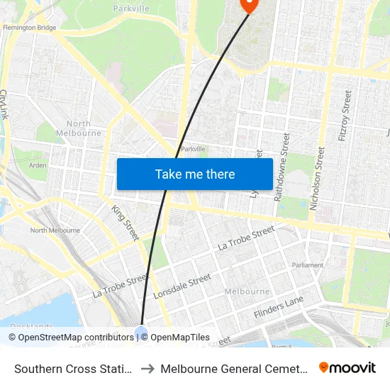 Southern Cross Station to Melbourne General Cemetery map