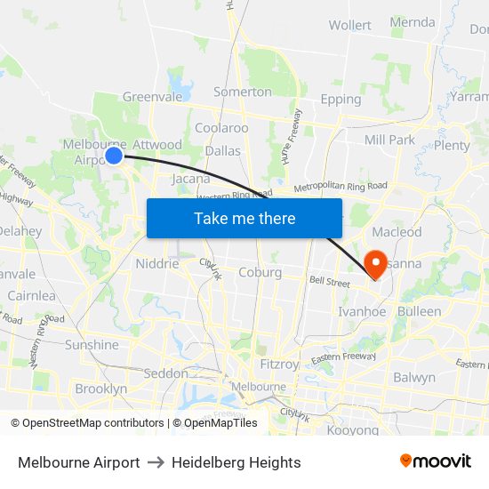 Melbourne Airport to Heidelberg Heights map