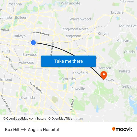 Box Hill to Angliss Hospital map