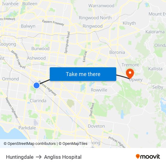 Huntingdale to Angliss Hospital map